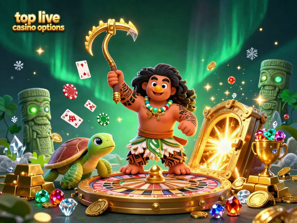 Engage in top live casino options with an exciting 3D scene of characters amidst vibrant casino elements.