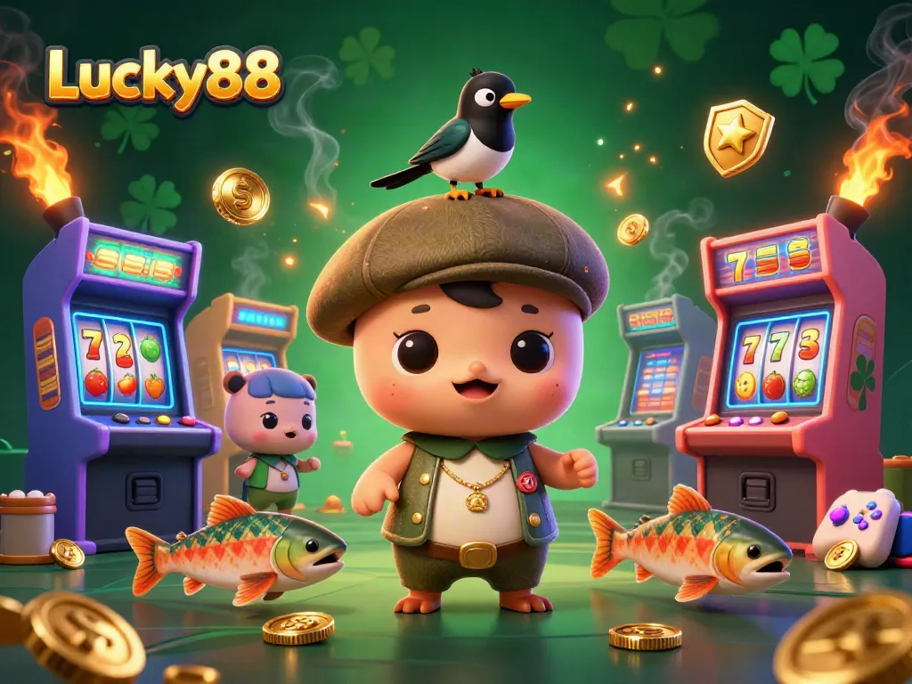 Engage with Lucky88's vibrant world of slots featuring playful Nessie, arcade games, and glowing gold.