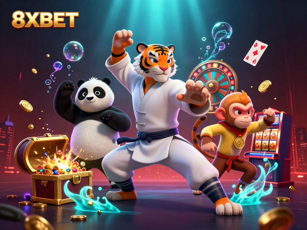Engage with 8XBET's vibrant casino scene featuring dynamic game elements and playful characters.