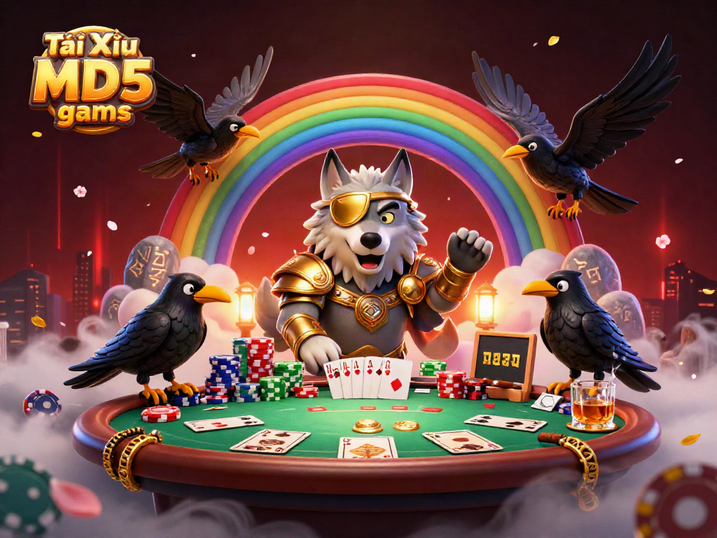 Tài Xỉu MD5 game illustration showcasing a mythical scene with vibrant casino elements.