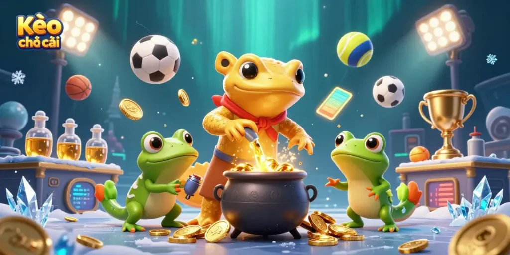 Kèo nhà cái showcases a golden salamander alchemist creating coins amid a vibrant sports betting environment.