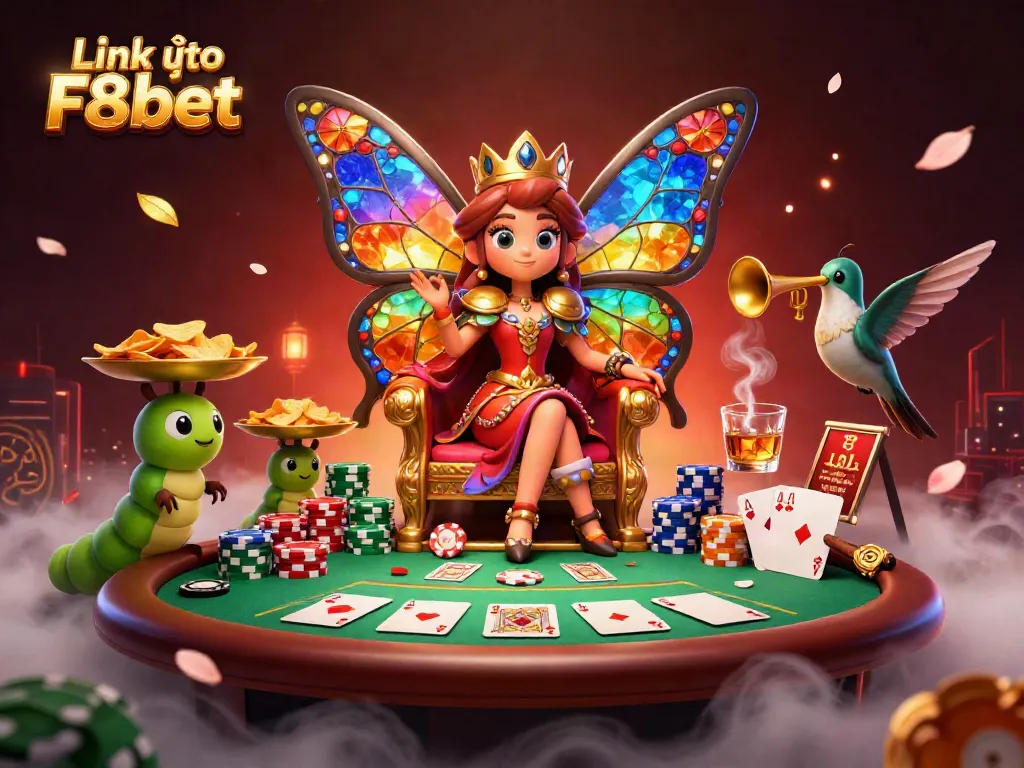 Engage with the vibrant world of Link vào F8bet featuring a butterfly queen and poker elements