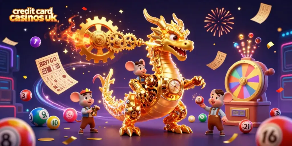 Engaging visual of credit card casinos UK, featuring a biomechanical dragon surrounded by dynamic gambling elements.