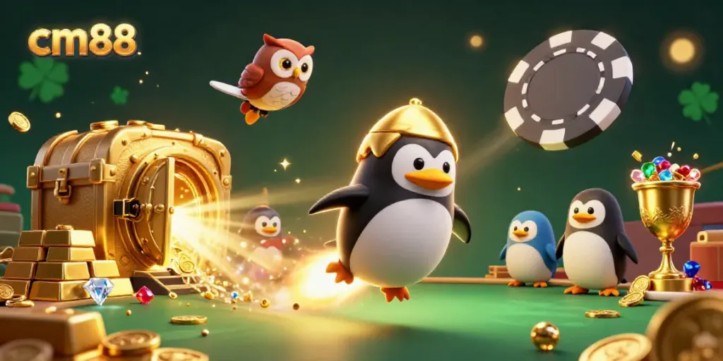 Experience the thrill of cm88 with a dazzling rocket penguin and a radiant casino space station.