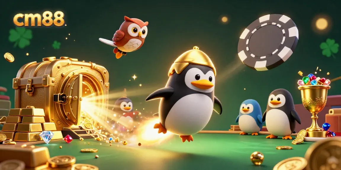 Experience the thrill of cm88 with a dazzling rocket penguin and a radiant casino space station.