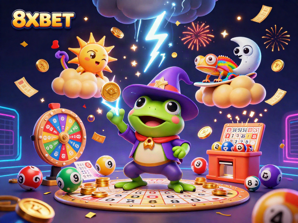 Experience excitement with 8XBET as a colorful chameleon and wizard frog burst with winning lottery elements in a vibrant digital casino scene.