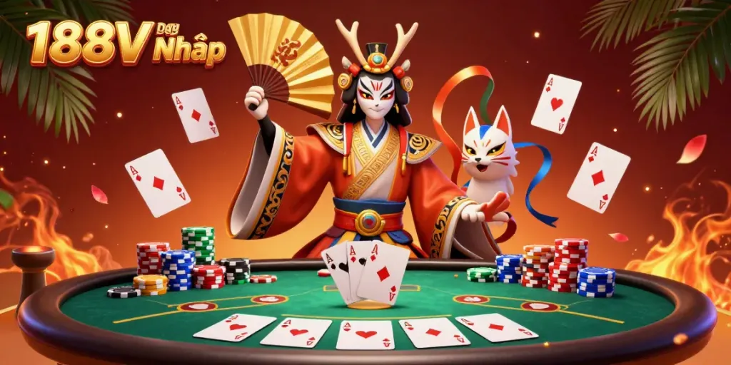 Play and win at 188V Đăng Nhập with vibrant poker action surrounded by colorful elements.