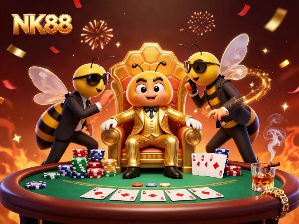 Engage with NK88's thrilling poker scene featuring a cartoon mob boss and his entourage.