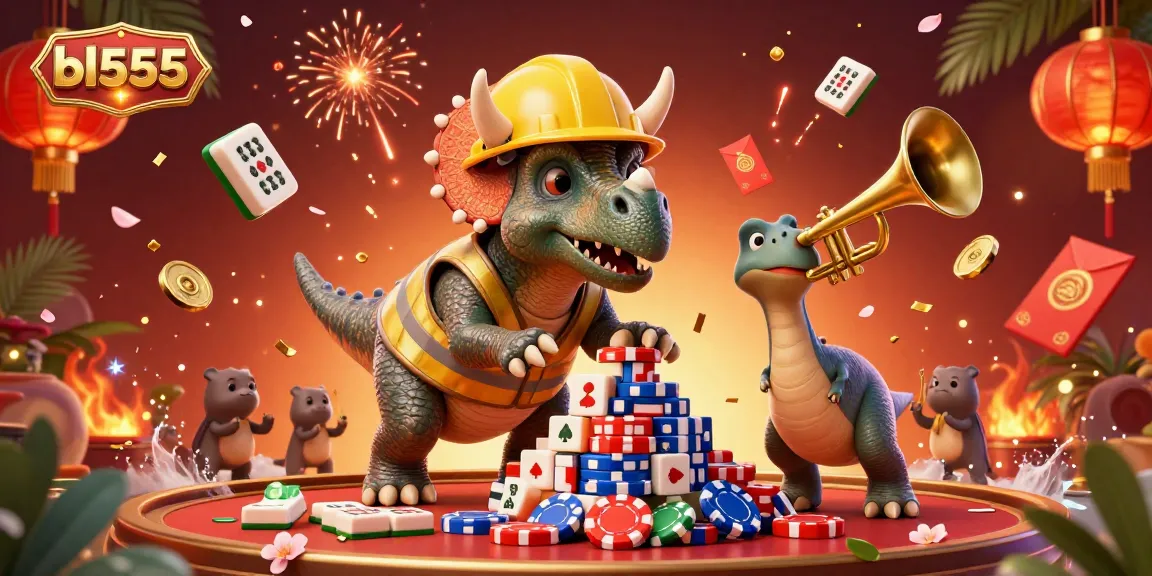 Celebrate at the vibrant bl555 casino with a triceratops and friends amidst poker chips and festive elements.