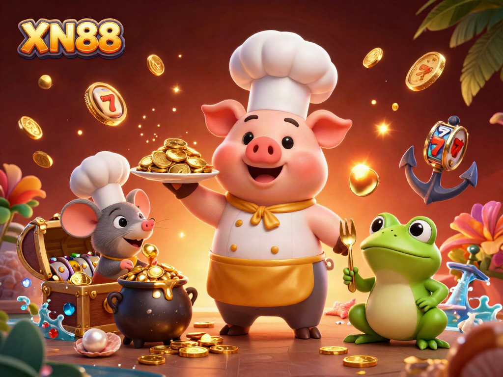 Experience the vibrant energy of XN88 in a dazzling 3D casino scene with gold coins and lively characters.