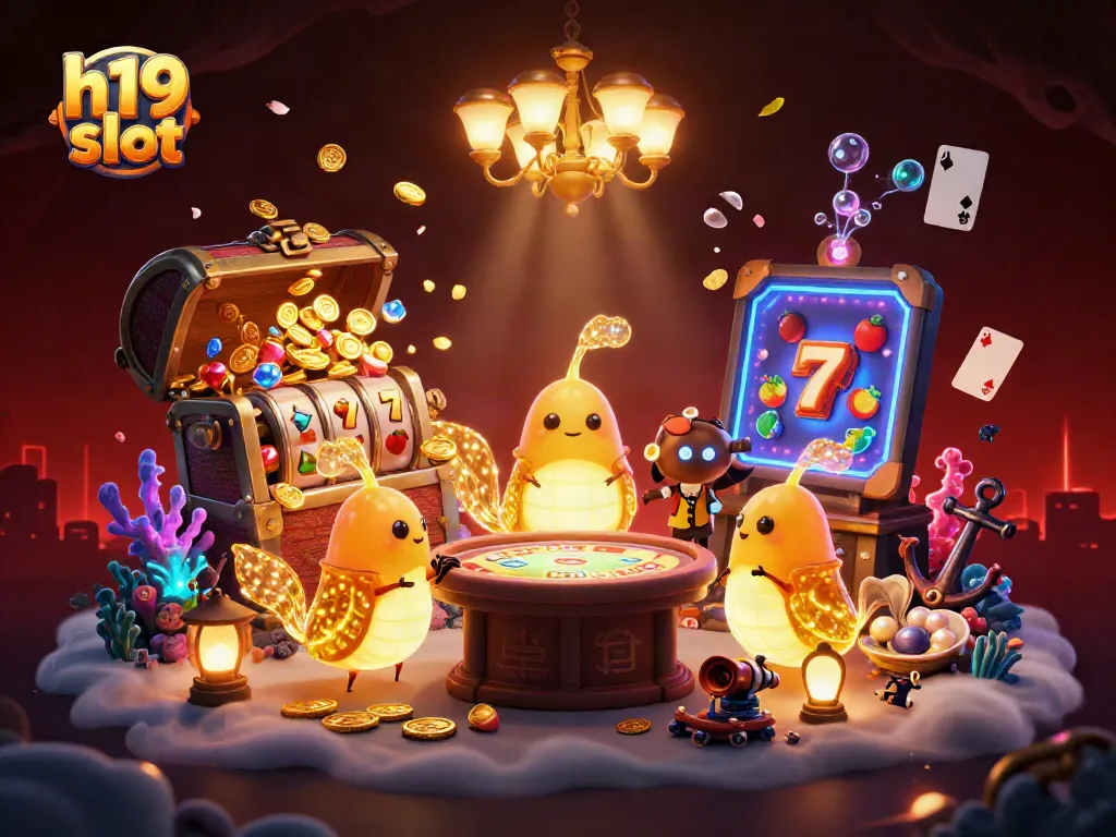 Experience thrilling gameplay with h19 slot amidst glowing glowworms and vibrant casino elements.
