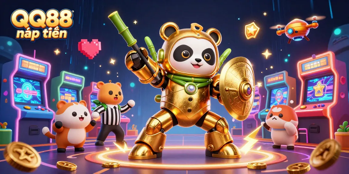 Experience QQ88 nạp tiền with an electrifying 3D casino arcade scene featuring engaging characters and game elements.