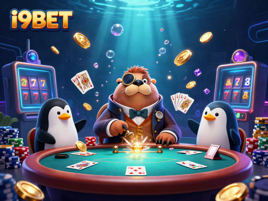 Experience the thrill of i9BET at an underwater poker table with unique characters and vibrant casino elements.