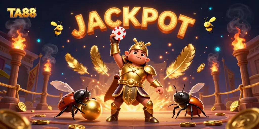 Engage with exciting gameplay at TA88, featuring a victorious beetle holding poker chip amidst thrilling casino atmosphere.