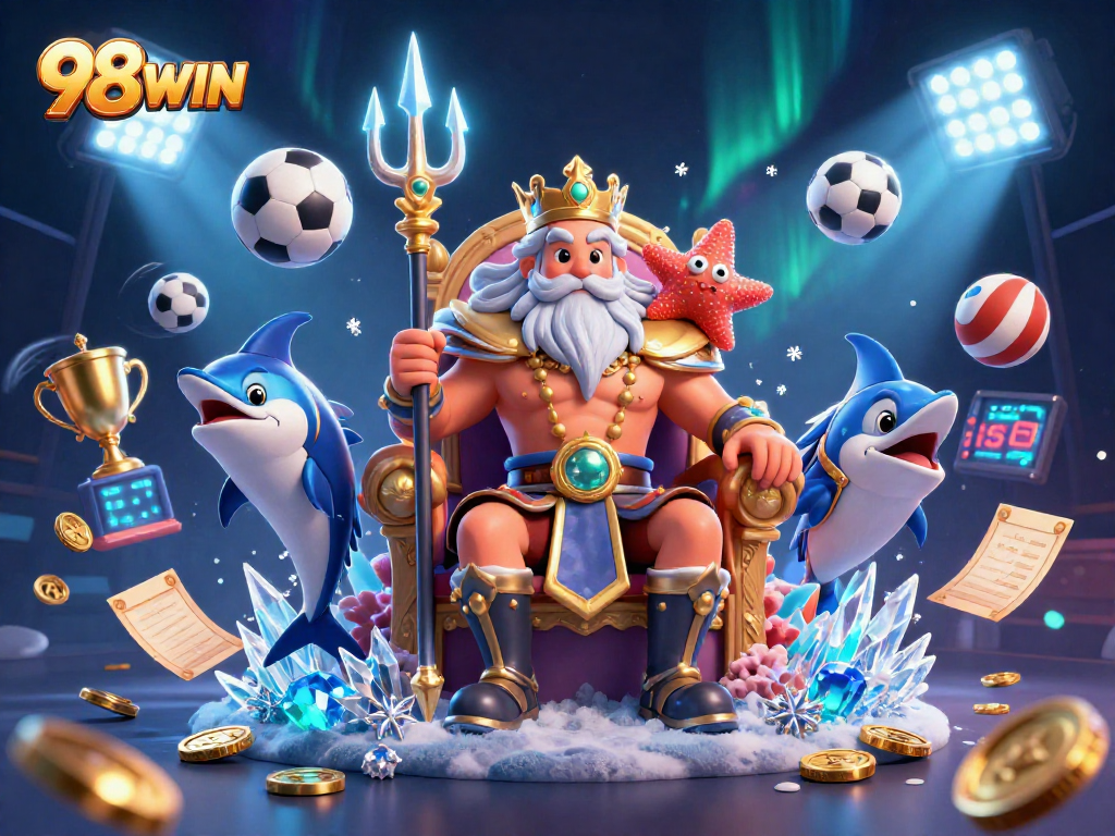 Engage with 98WIN's thrilling games featuring Neptune and exciting sports elements in a vibrant casino scene.