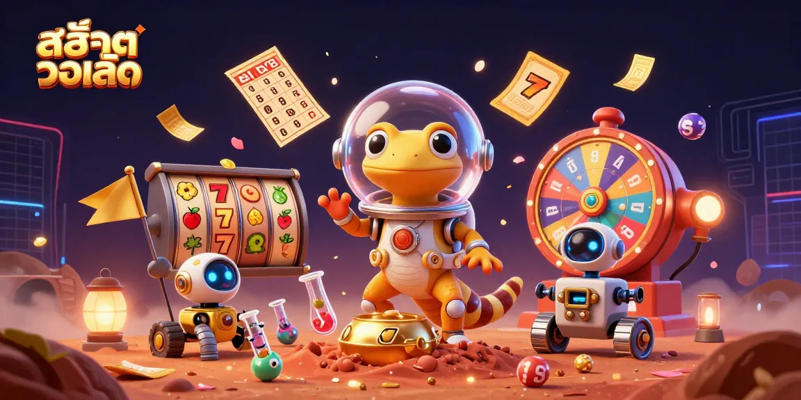 Engage with สล็อตวอเลท in a vibrant Martian casino adventure featuring thrilling slots and cheerful characters.