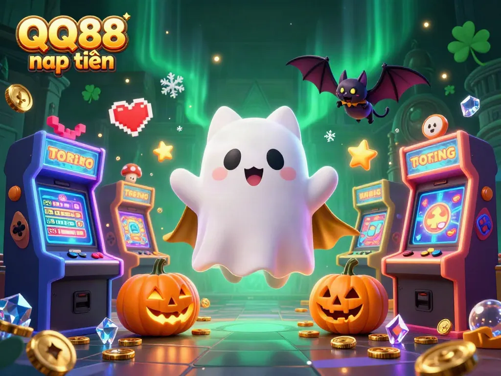 Engage with the excitement of QQ88 nạp tiền in a vibrant haunted casino scene illuminated by glowing game elements.