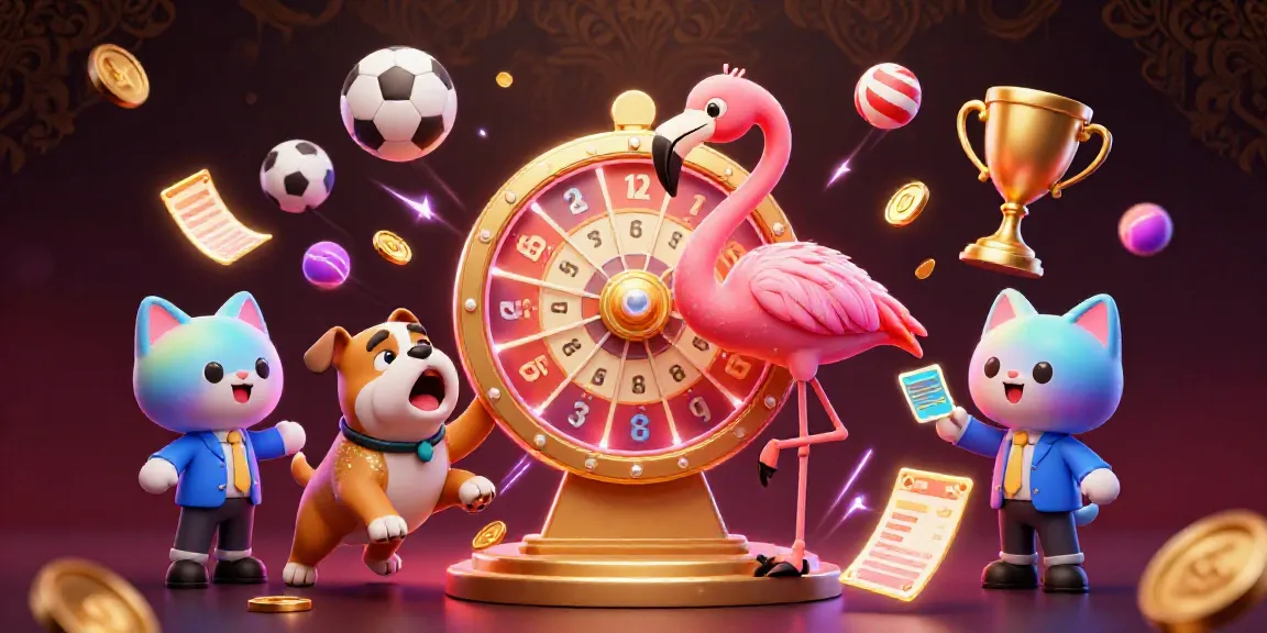 Experience the excitement of 23win with a game show flamingo and a cheering bulldog in a vibrant casino setting.