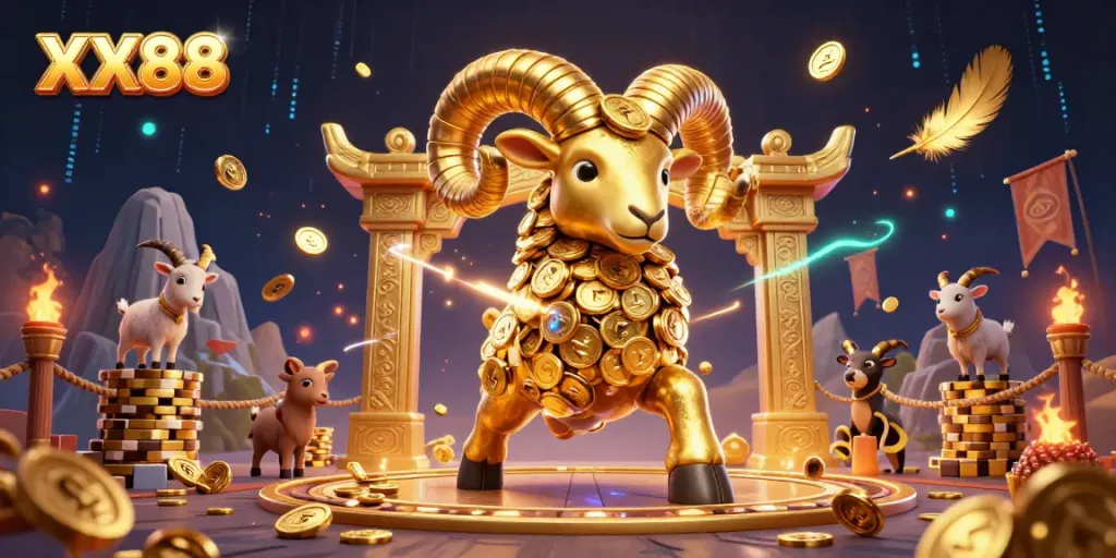 Experience the thrill of XX88 with a golden ram charging through a vibrant casino scene filled with excitement.