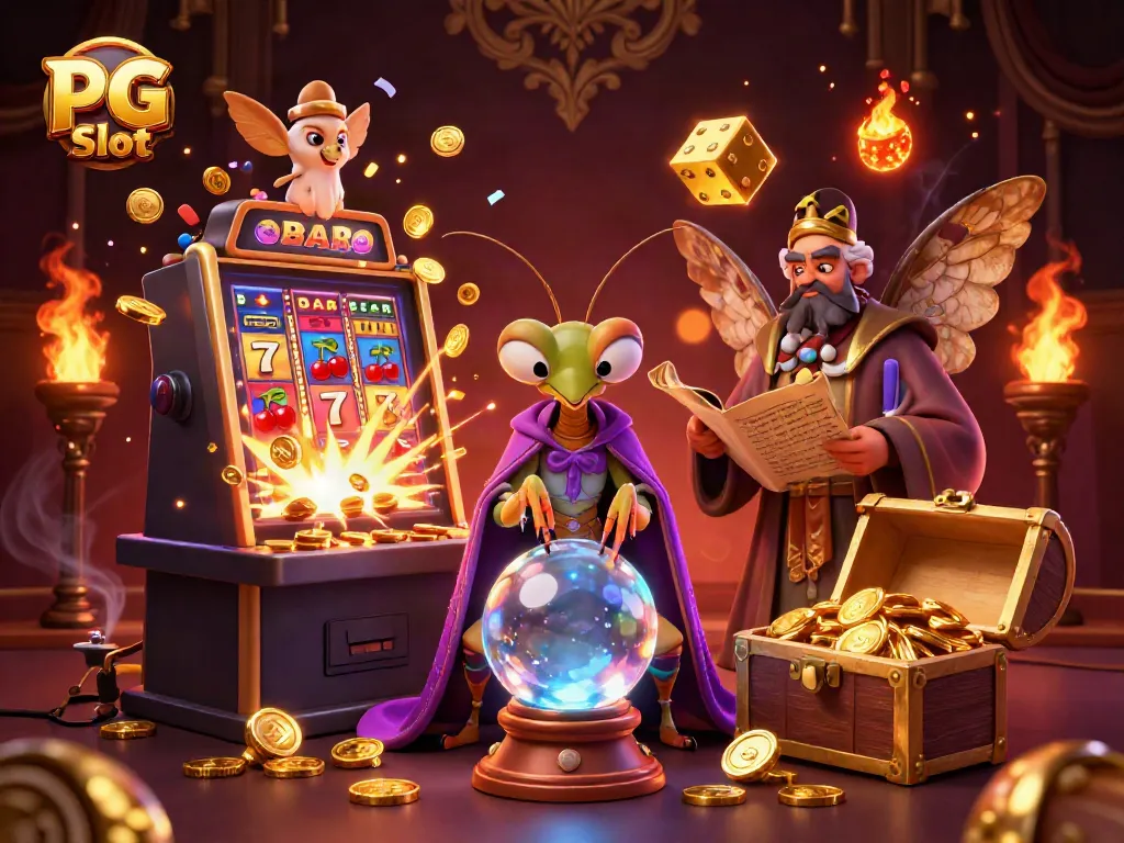 Experience the excitement of PG Slot with a vibrant scene featuring fortune tellers and casino elements bursting with energy.