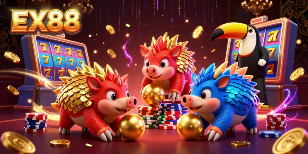 Engage in winning slot strategies at EX88 with vibrant visuals and dynamic casino elements.