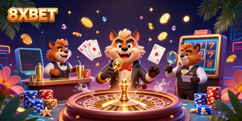 Experience the excitement of 8XBET in a vibrant casino scene with hyenas engaging in comedy and gaming.