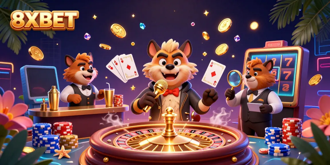 Experience the excitement of 8XBET in a vibrant casino scene with hyenas engaging in comedy and gaming.