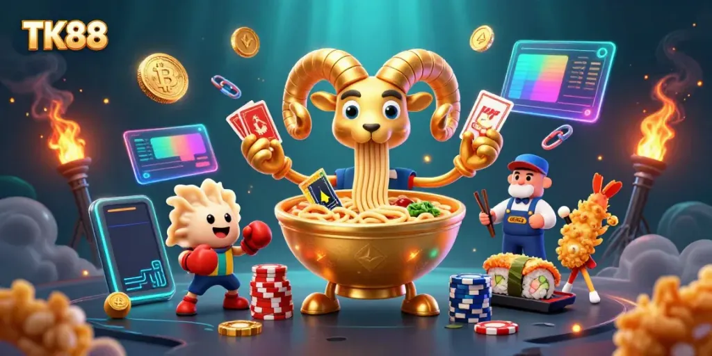 Engaging TK88 scene with a giant golden ramen bowl mascot dealing cards alongside dynamic game elements.
