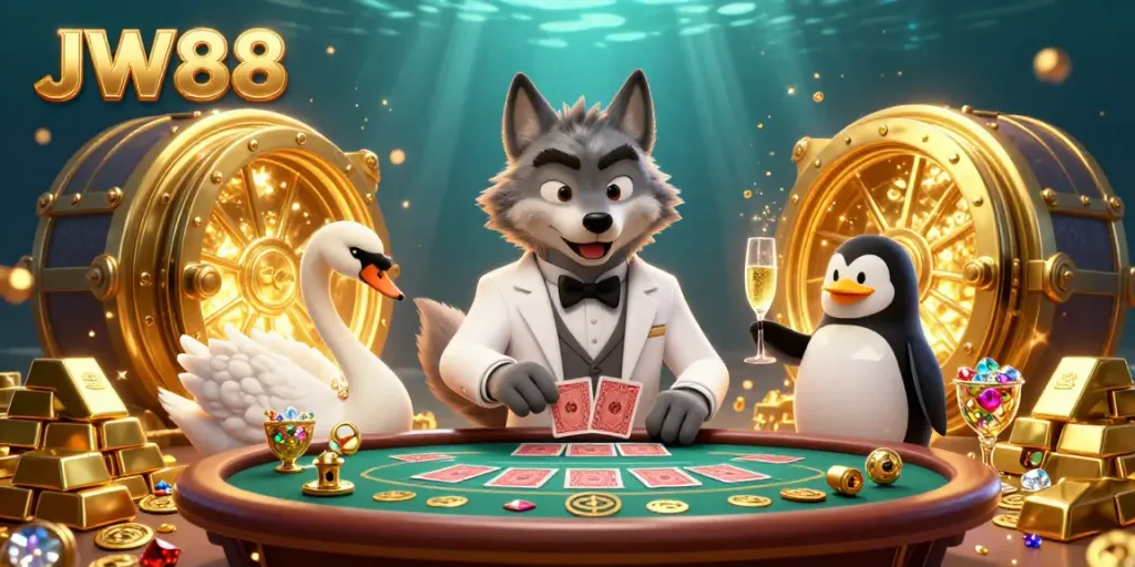 Experience JW88's lively gambling ambiance with a charming wolf and elegant creatures at a baccarat table.