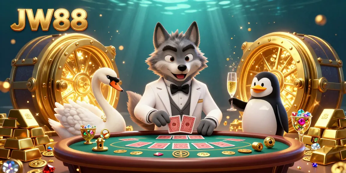 Experience JW88's lively gambling ambiance with a charming wolf and elegant creatures at a baccarat table.