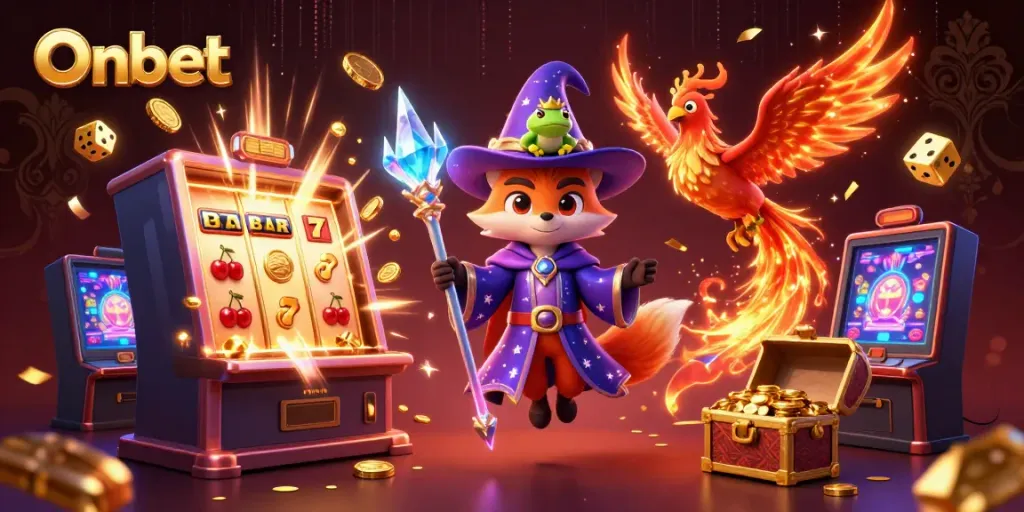 Experience jackpot thrills with Onbet's enchanting 3D casino art, showcasing a wizard fox and phoenix.
