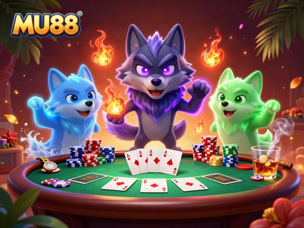 Engage in thrilling poker games at MU88 with vibrant characters and dynamic casino elements.