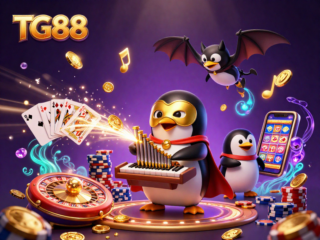 Engage with TG88's exciting casino atmosphere featuring a 3D penguin playing an organ, surrounded by golden coins.