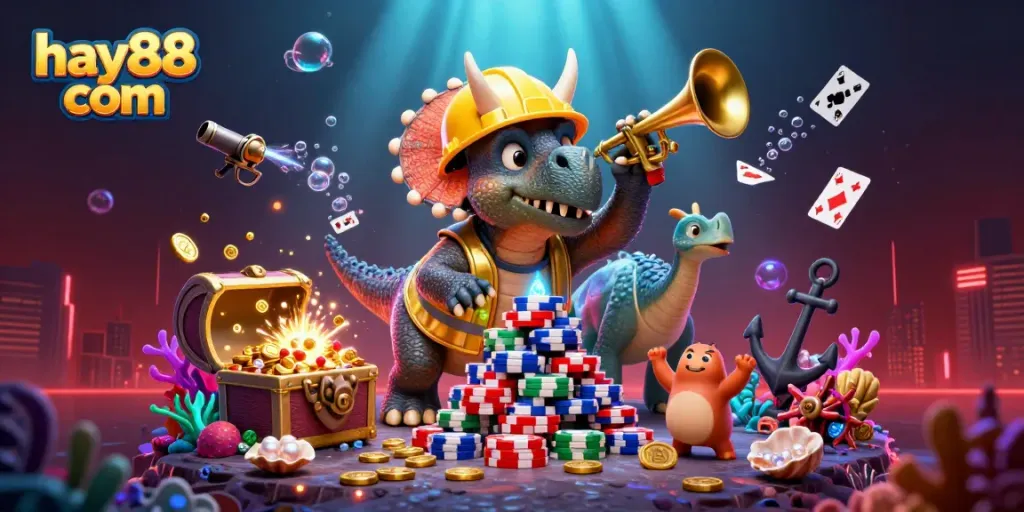 Engage in thrilling casino fun with hay88 com's vibrant 3D characters stacked with poker chips.