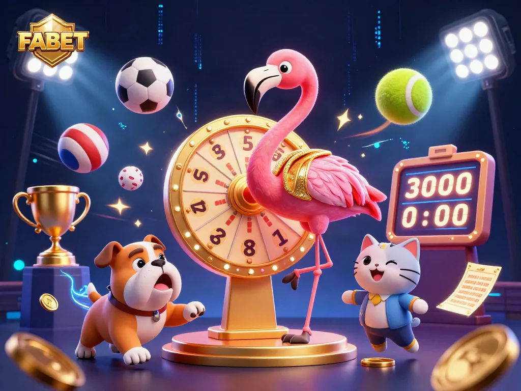 Experience the excitement of FABET with a vibrant scene featuring a game show host and dynamic sports elements.
