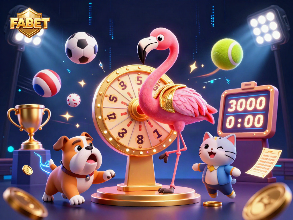 Experience the excitement of FABET with a vibrant scene featuring a game show host and dynamic sports elements.