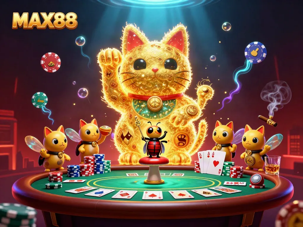 Play at MAX88 with a dynamic artwork featuring a giant lucky cat and casino elements creating an exciting atmosphere.