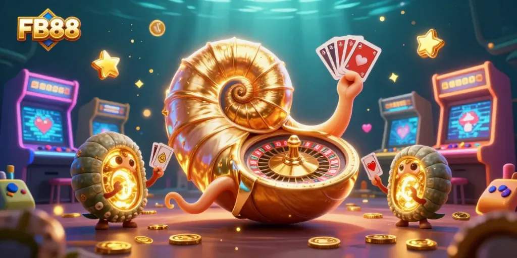 Experience the thrill of FB88 with an ancient nautilus roulette wheel and glowing ammonite companions.