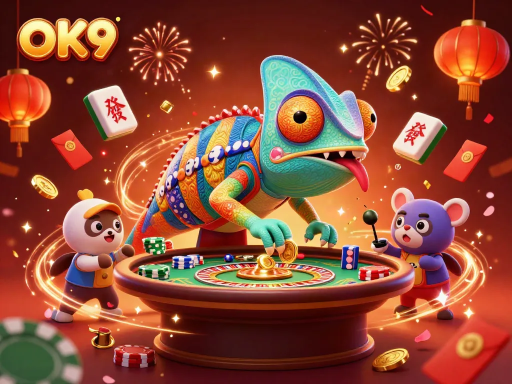 Experience the excitement of OK9 with a vibrant illustration of a chameleon casino owner amidst festive gambling elements.