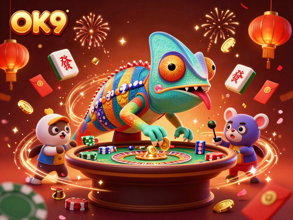 Experience the excitement of OK9 with a vibrant illustration of a chameleon casino owner amidst festive gambling elements.