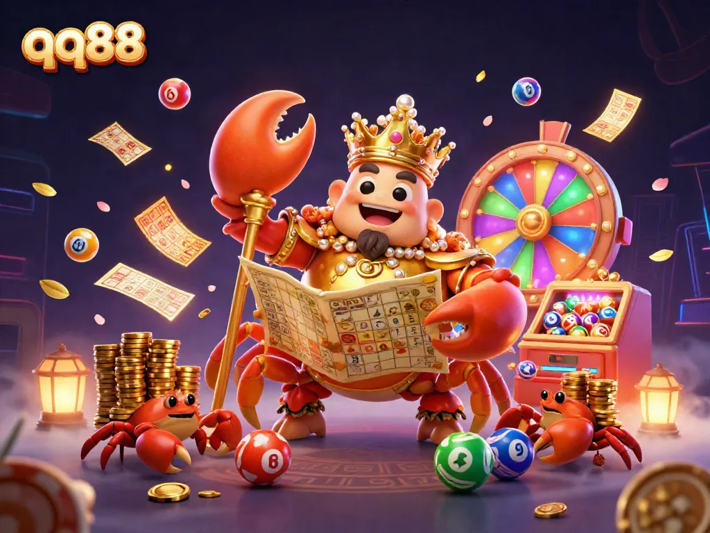Experience the vibrant world of qq88, showcasing a golden crab emperor amidst dynamic lottery elements.