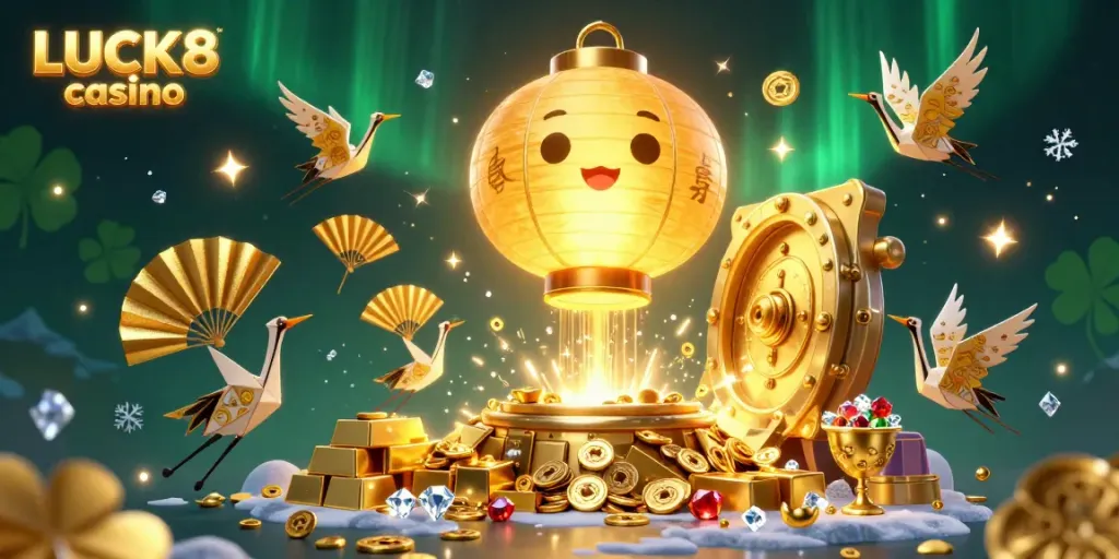 Experience the excitement of LUCK8 casino with vibrant characters and rich gaming elements in this detailed illustration.