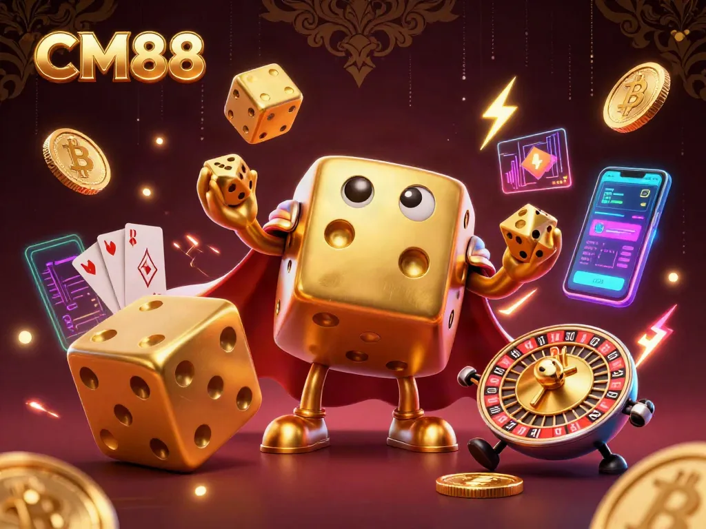 Experience CM88 with a vibrant 3D scene of a golden dice golem and crypto elements.
