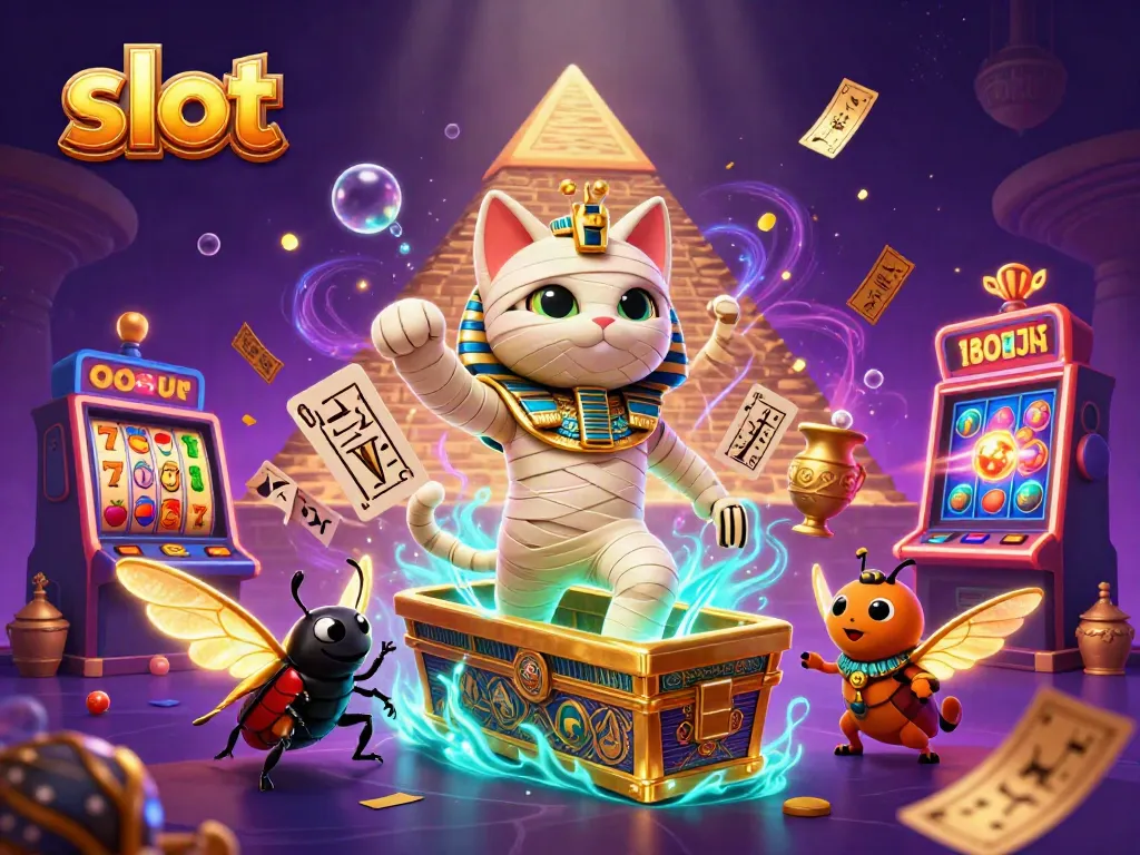 Engaging scene of a slot machine explosion with an Egyptian mummy cat amid vibrant casino elements.