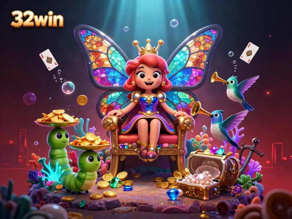 Engage with 32win's thrilling casino experience depicted by a butterfly queen and her vibrant underwater kingdom.