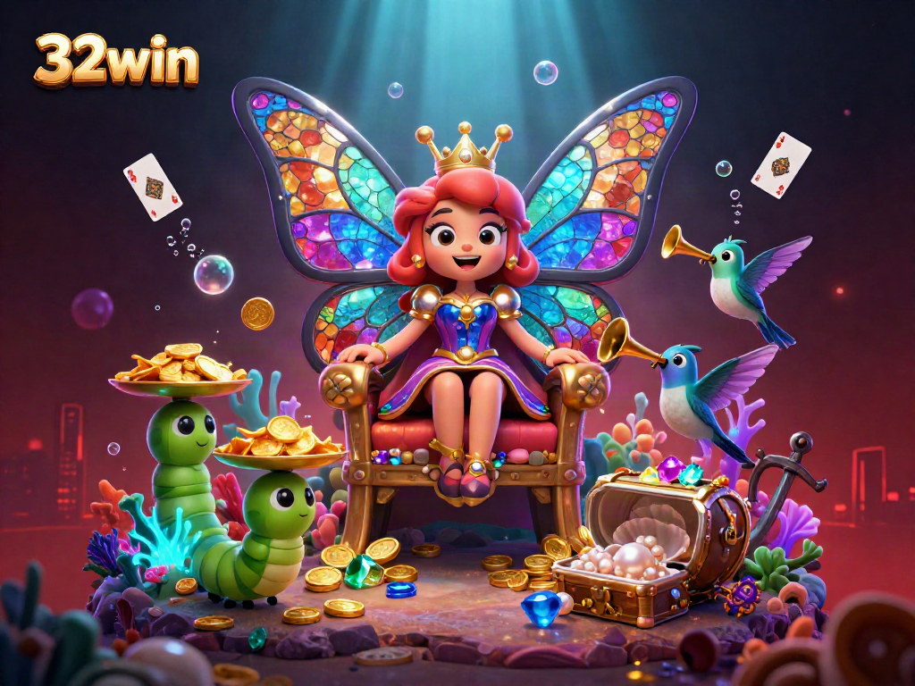Engage with 32win's thrilling casino experience depicted by a butterfly queen and her vibrant underwater kingdom.