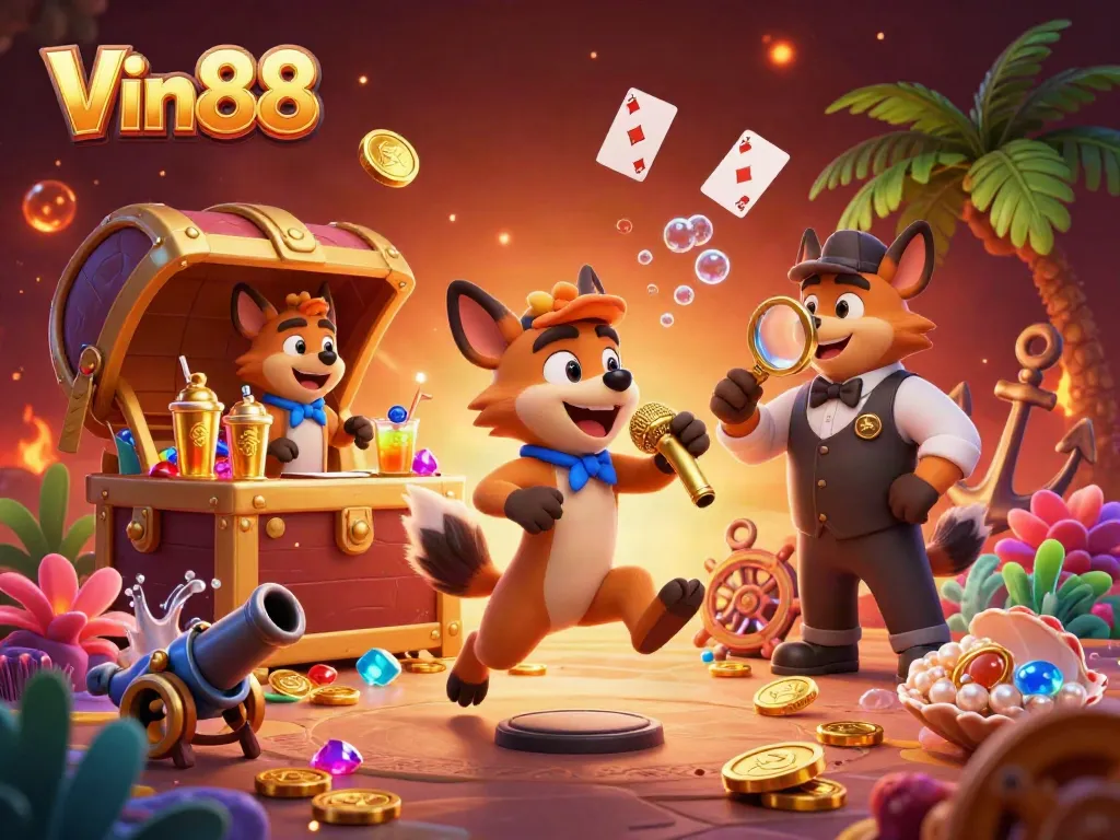 Experience Vin88's vibrant casino atmosphere where hyenas entertain with comedy and cocktails, dazzling with bright colors.