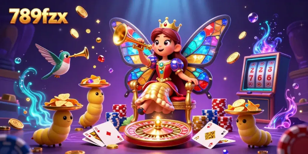 Experience the magic of gambling with the vibrant 789fzx casino scene full of golden coins, poker chips, and a butterfly queen.