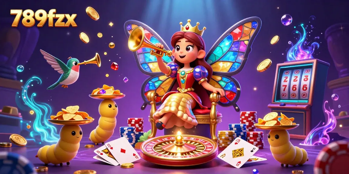 Experience the magic of gambling with the vibrant 789fzx casino scene full of golden coins, poker chips, and a butterfly queen.
