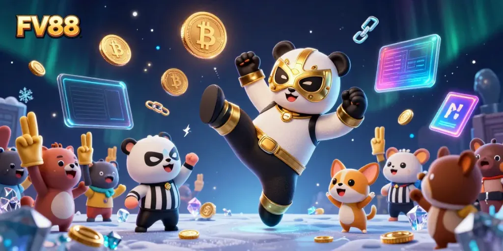 Experience thrilling gameplay at FV88 with a dynamic illustration featuring exciting characters and vibrant casino elements.